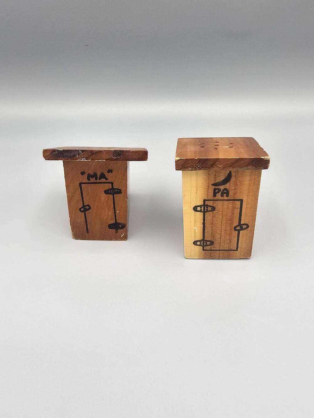Vintage Wooden Salt and Pepper Shakers with Hand-Drawn Door Designs